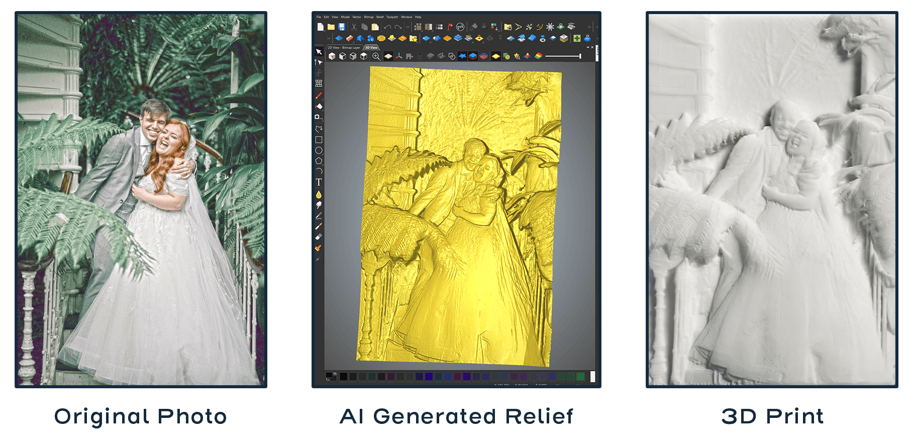 An image of Lucy Edwards and her husband on their wedding day is on the right. Then an image of the 3D AI generated relief in Carveco's software is in the middle and the final result of the 3D printed tactile relief is on the left.