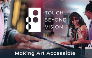 Visitors at the OXO2 Gallery in London explore the tactile artwork on display with their fingertips. The Touch Beyond Vision logo is overlayed with the words "Making Art Accessible"