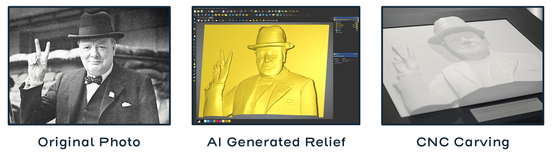 An image of Winston Churchill is on the right, followed by a 3D AI generated relief of the same image in Carveco's software. Finally the finished piece is on the left - a CNC carved plaster version of the relief.
