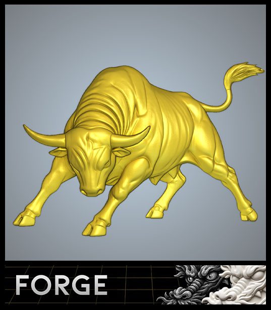 Gold 3D relief of a charging bull generated with Forge, showing fully sculpted muscle definition and fur texture
