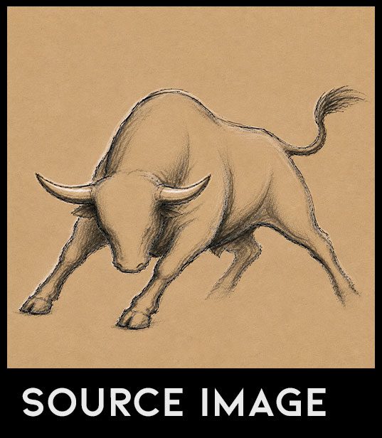 Detailed charcoal sketch of a charging bull with dynamic shading and a dramatic, low-angle pose