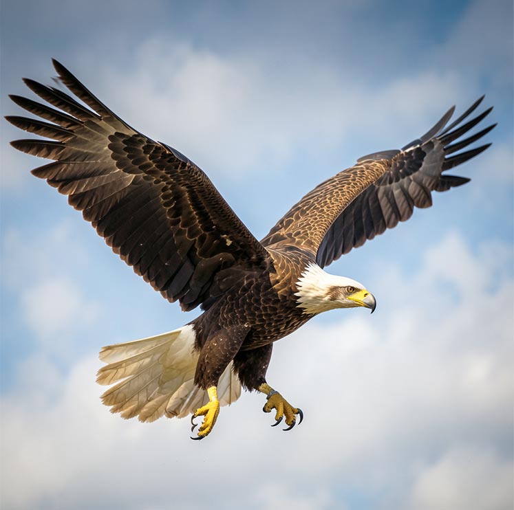 AI-generated sample image of a bald eagle in flight with wings spread and talons extended against a cloudy sky