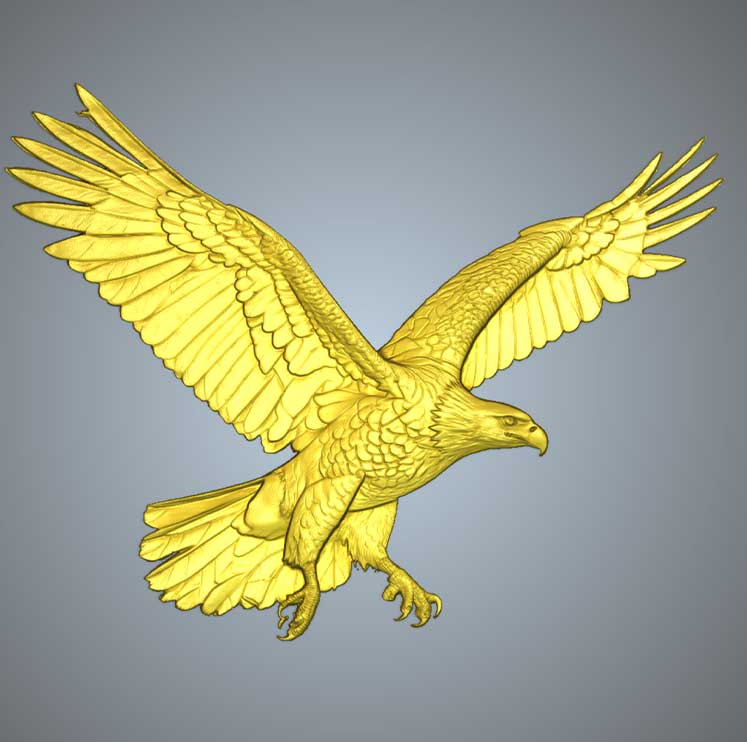 Gold 3D relief of a bald eagle in flight with wings fully spread, generated with Carveco AI