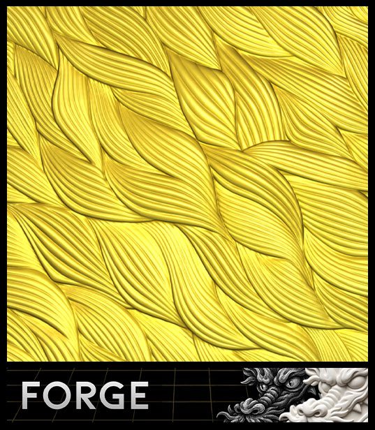 Gold 3D relief of a woven ribbon pattern generated with Forge, showing raised, overlapping strands with genuine surface depth
