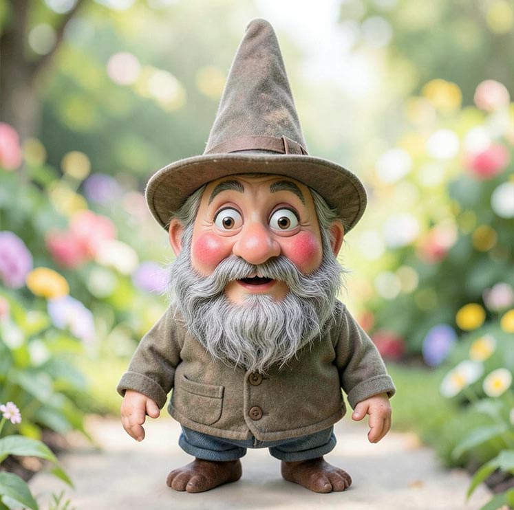 AI-generated sample image of a garden gnome with a tall pointed hat, bushy grey beard and rosy cheeks, standing among flowers