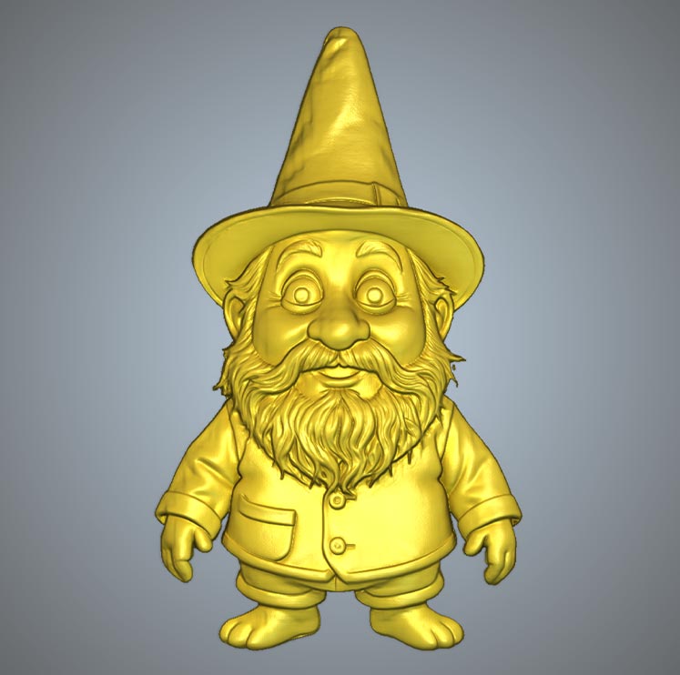 Gold 3D relief of a garden gnome with a tall pointed hat and bushy beard, generated with Carveco AI