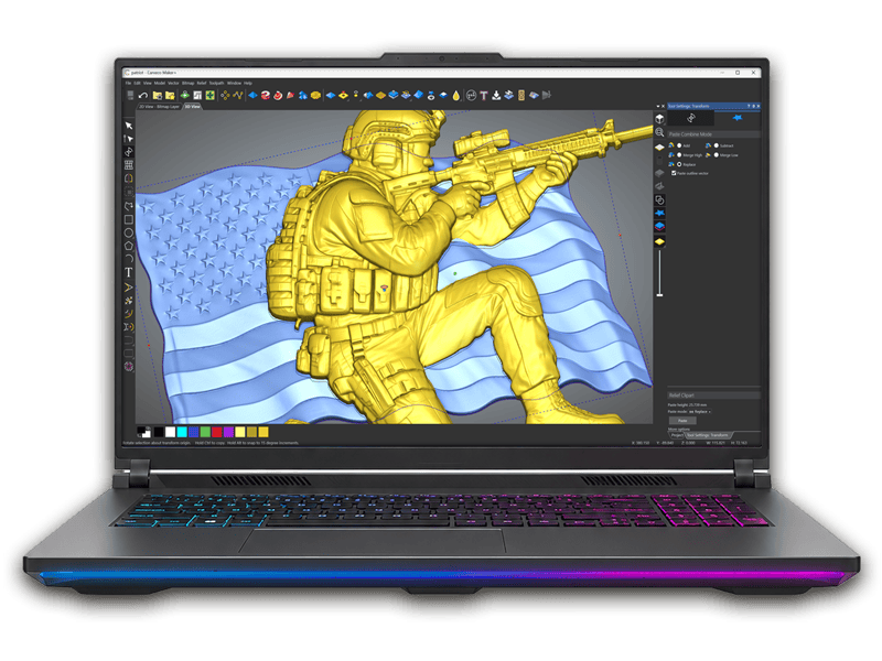 Combined 3D relief models of a US soldier and American flag in Carveco Maker Plus