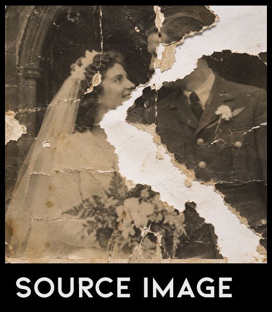 A ripped vintage photo of a couple on their wedding day