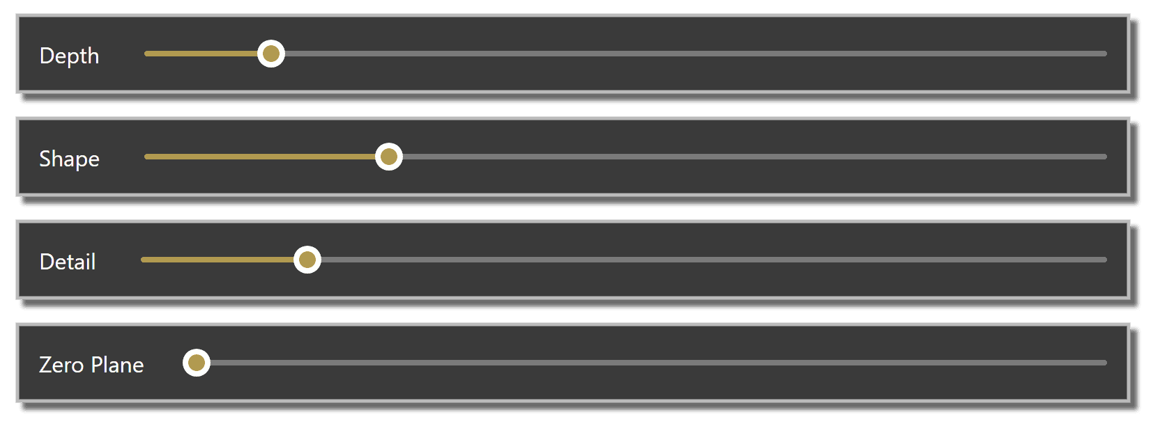 The four Depth, Shape, Detail, and Zero Plane sliders in the Carveco interface
