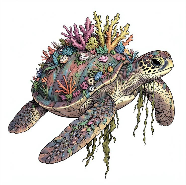 AI-generated illustrated sample image of a sea turtle with a coral reef growing across its shell