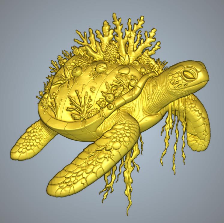 Gold 3D relief of a sea turtle swimming, its shell covered in detailed coral, shells and marine plants, generated with Carveco AI