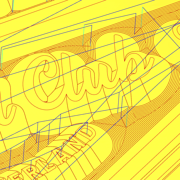 Carveco Toolpath Preview A close-up screenshot of a simulated toolpath in Carveco software showing tool movements around text