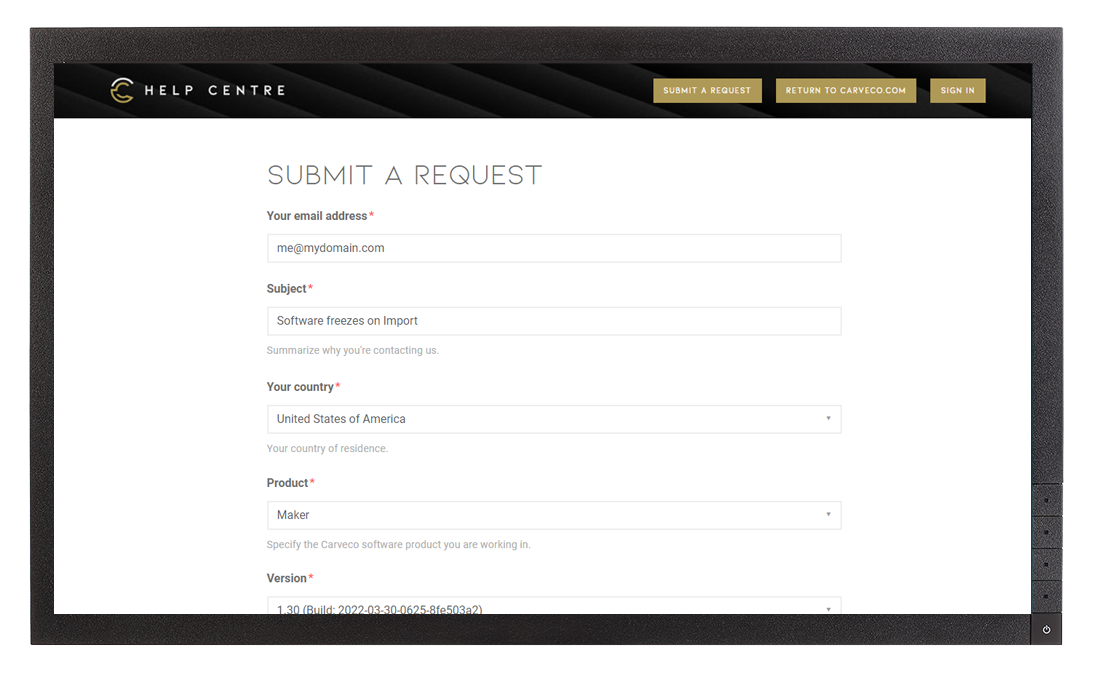 Submit a support request page on our Help Centre