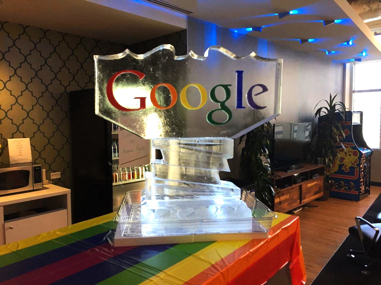 Google Pride Google logo ice carving with colour for a Pride event